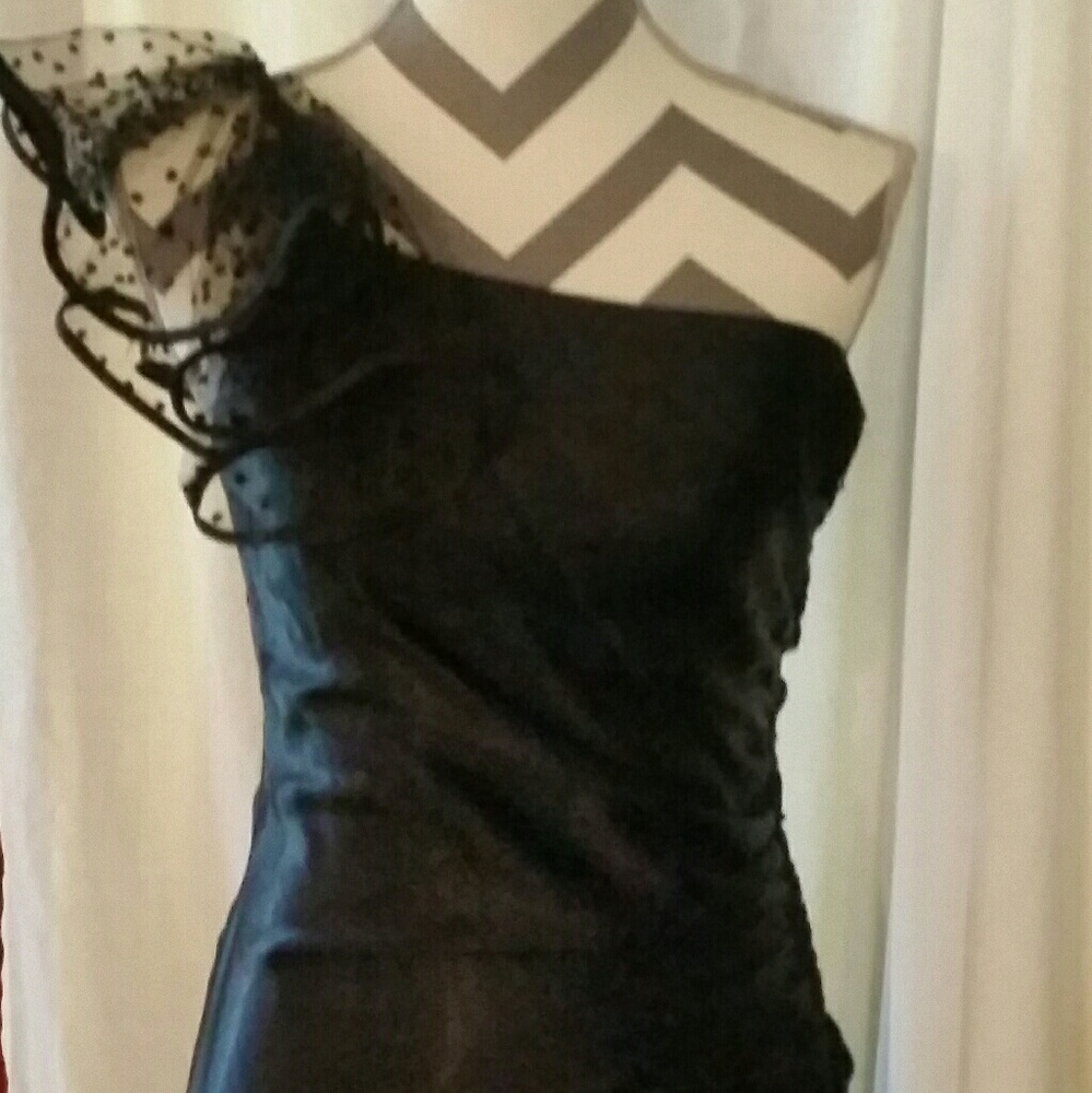 L A. GLO BLACK SATIN/MESH AND POLKA-DOT EVENING GO